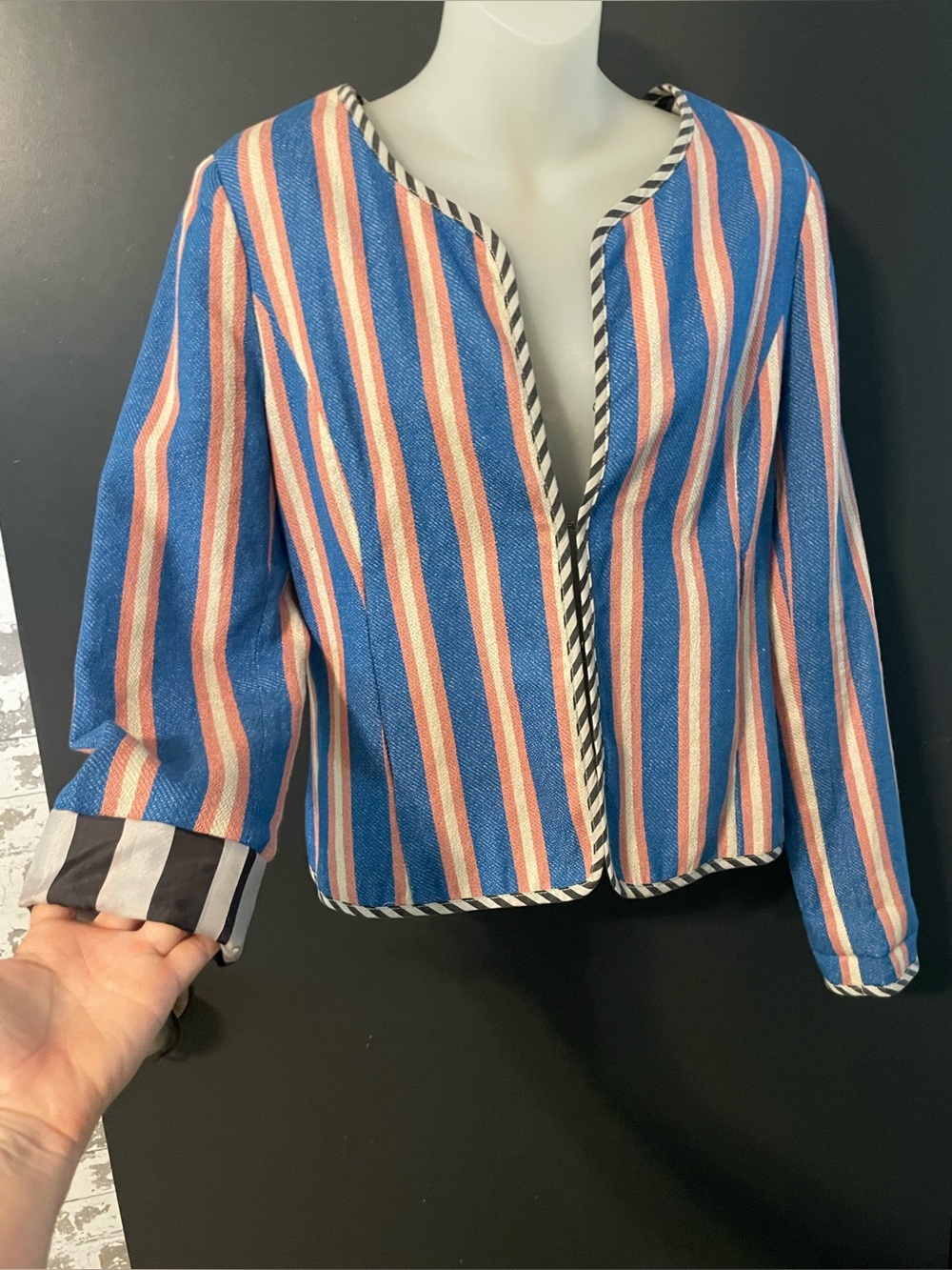 NÜMPH Blue Pink Striped Cotton Open Front Jacket Blazer UK 12 Boho coastal - Picture 5 of 10